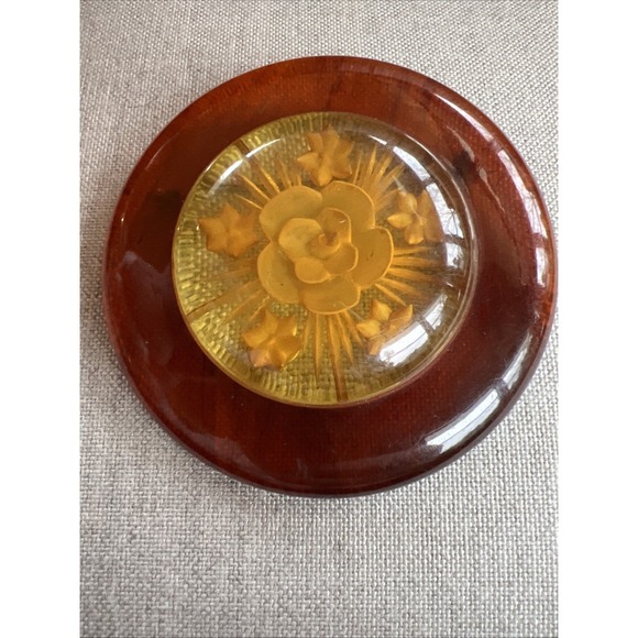 Jewelry - VINTAGE ART DECO REVERSE CARVED APPLE JUICE BLACK BAKELITE FLOWER BROOCH